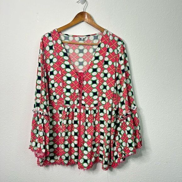 Crown & Ivy Multicolor Tassel Tie Front Bell Sleeve Rayon Blouse Women’s Size 3X - Picture 1 of 11
